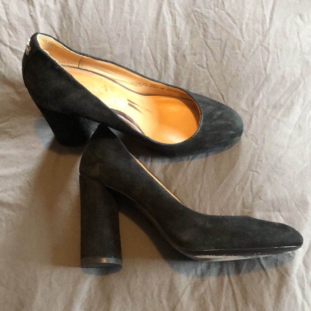 Coach black suede stacked heel pumps, size 6